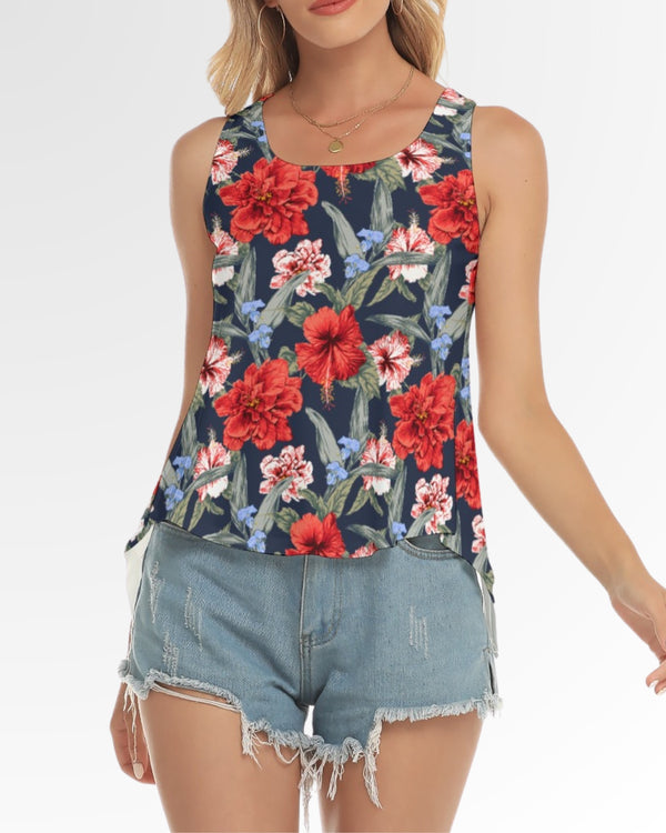 Wide Strap Tank - Red Tropical Hibiscus Floral