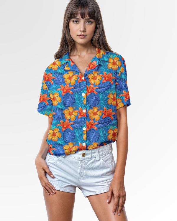 Womens Hawaiian Shirt - Bright Blue & Orange Tropical Floral