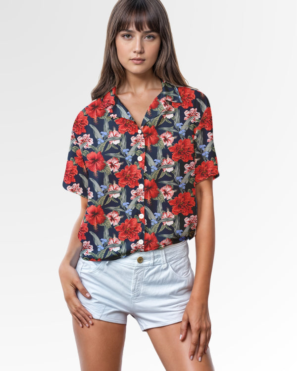 Womens Hawaiian Shirt - Red Tropical Hibiscus Floral