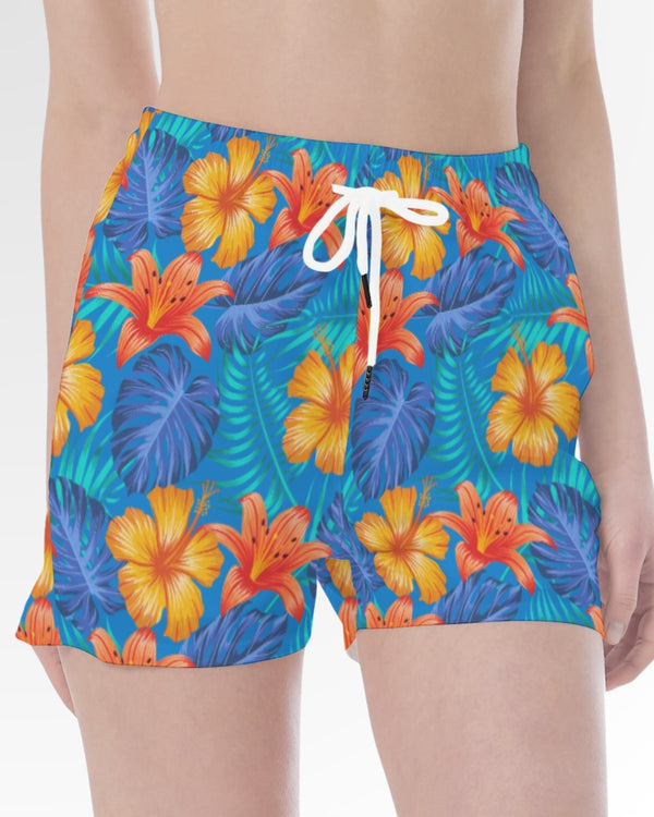 Womens Shorts - Bright Blue & Orange Tropical Floral