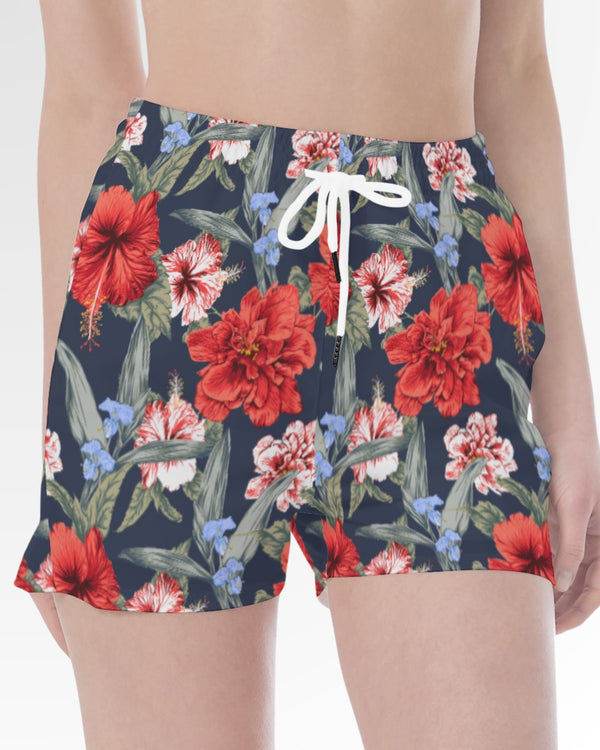 Womens Shorts - Red Tropical Hibiscus Floral
