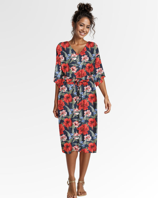 Wrap Kimono Dress - Red Tropical Hibiscus Floral
