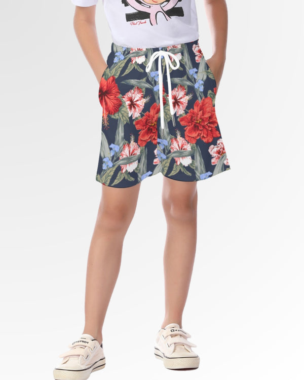Youth Beach Shorts - Red Tropical Hibiscus Floral