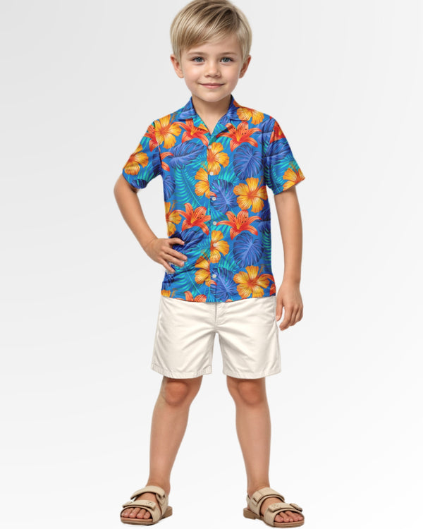 Youth Hawaiian Shirt - Bright Blue & Orange Tropical Floral