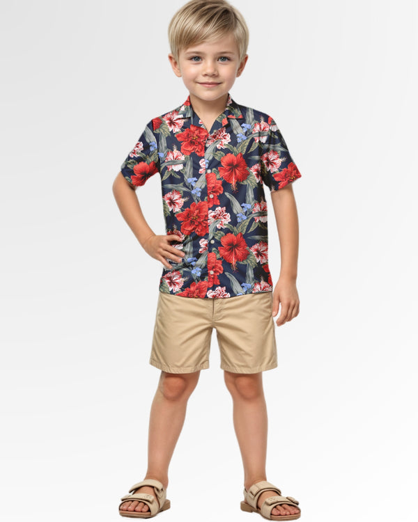 Youth Hawaiian Shirt - Red Tropical Hibiscus Floral