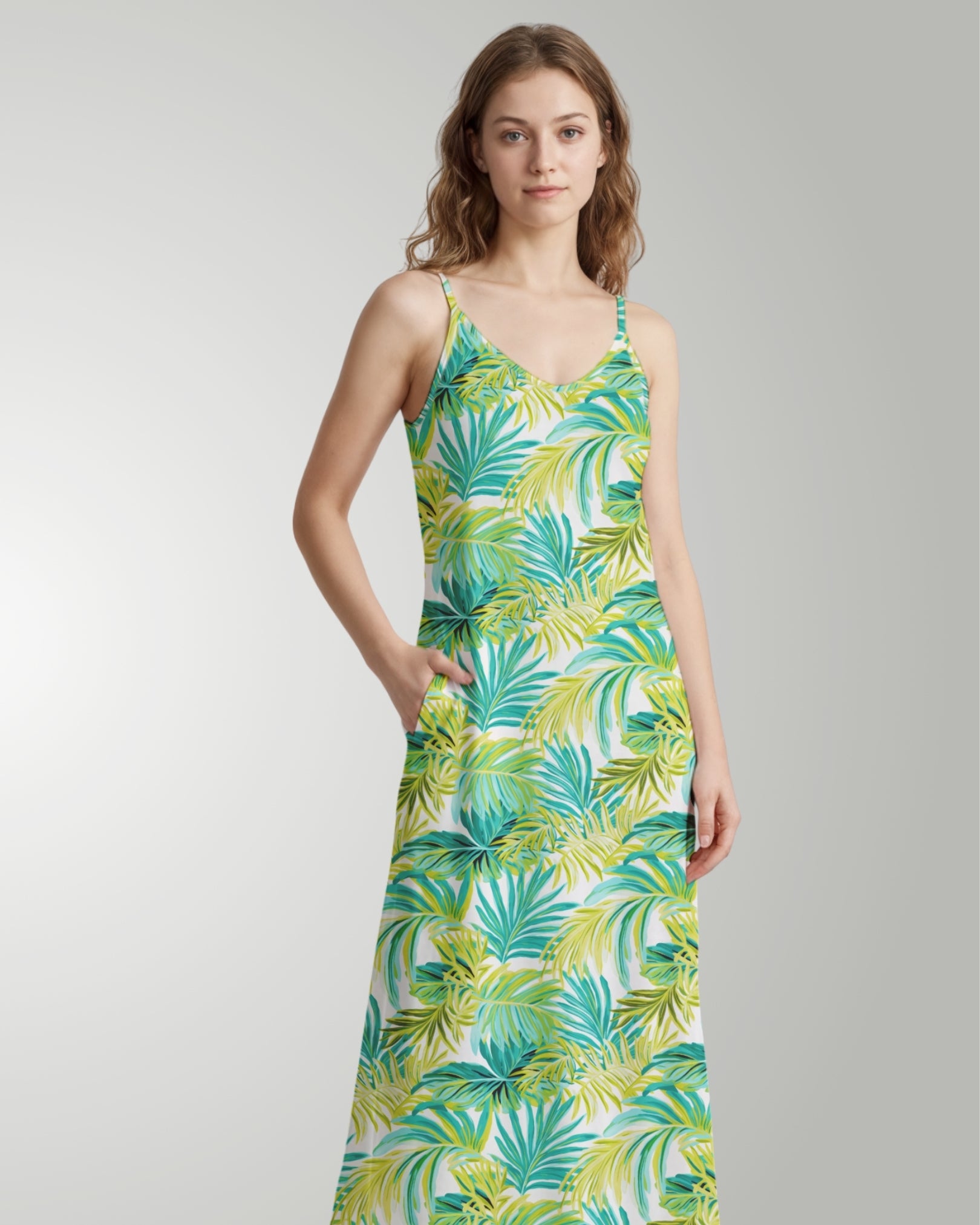 Maxi Slip Dress - Green Palms