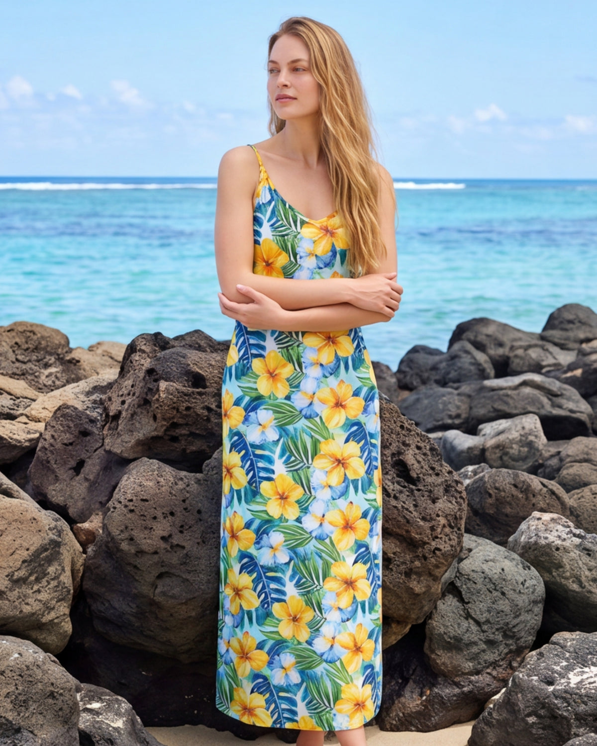 Maxi Slip Dress - Yellow Hibiscus