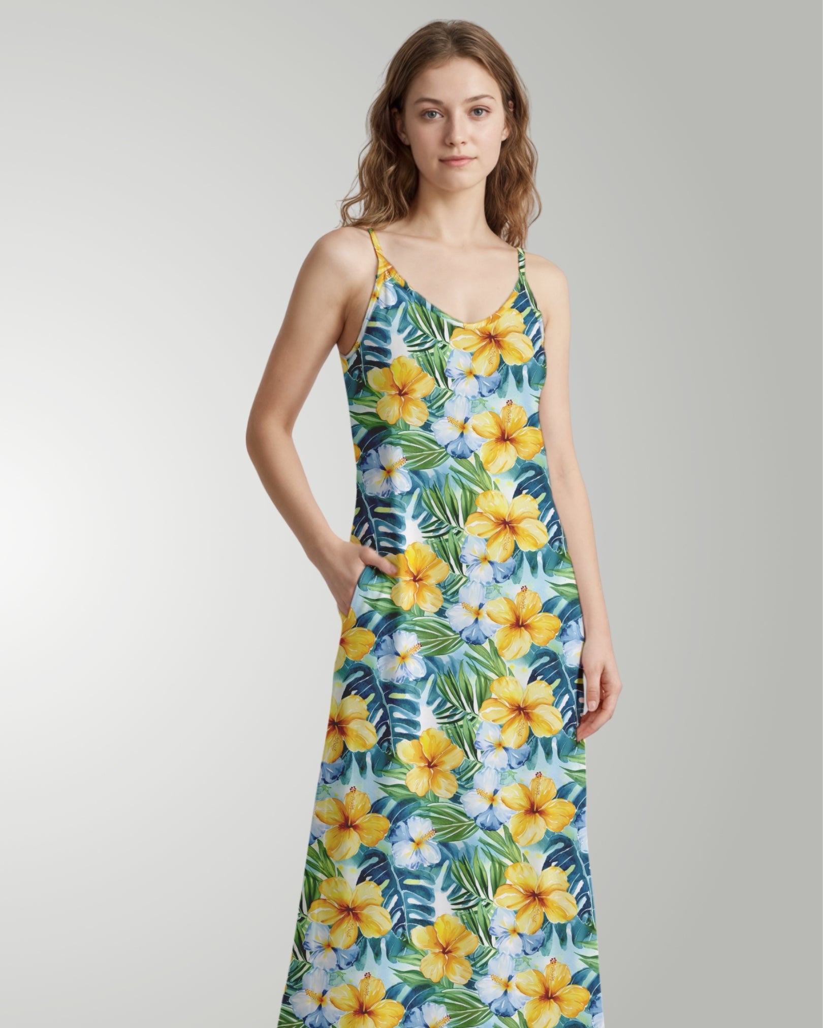 Maxi Slip Dress - Yellow Hibiscus