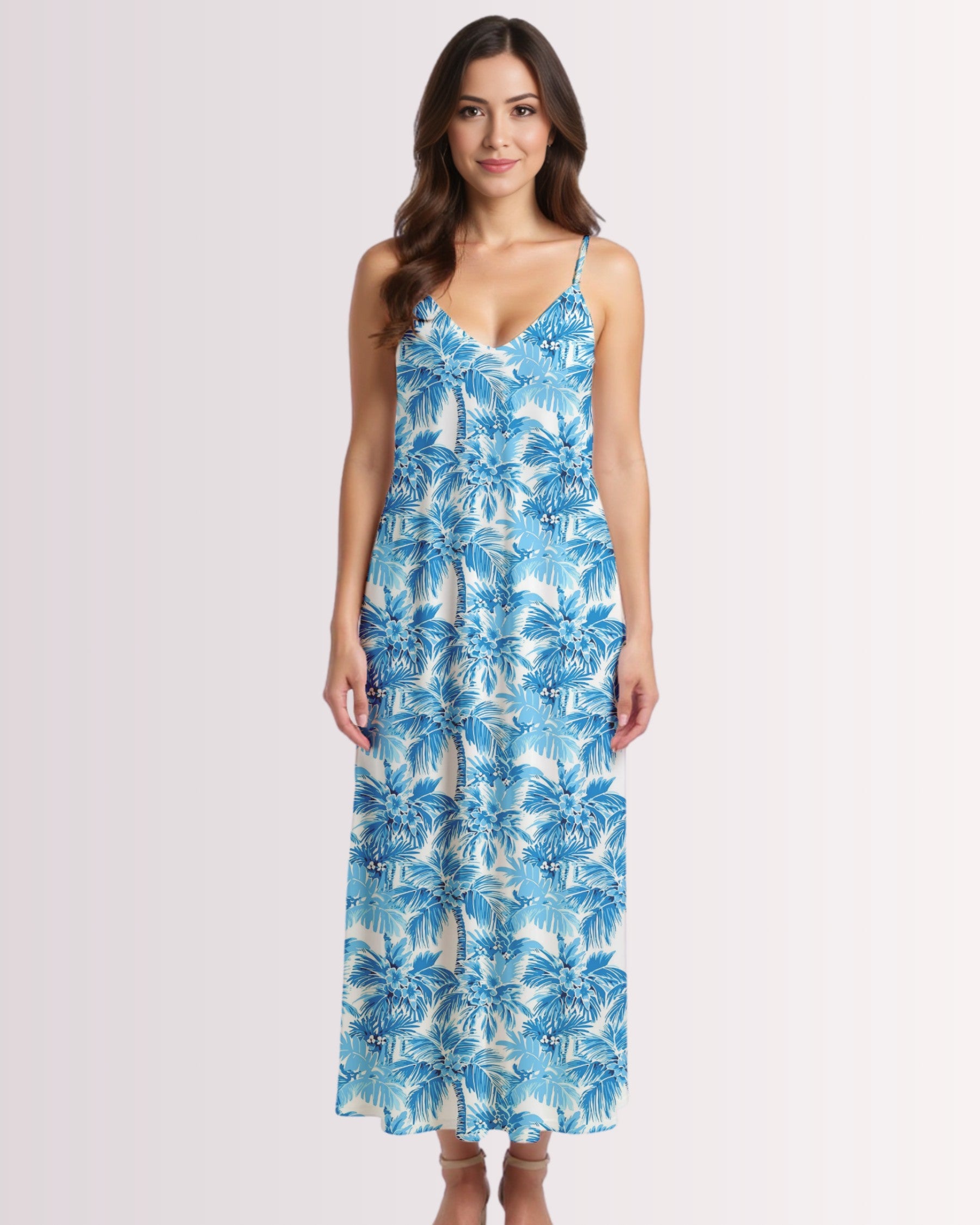 Maxi Slip Dress - Blue Palm Trees I