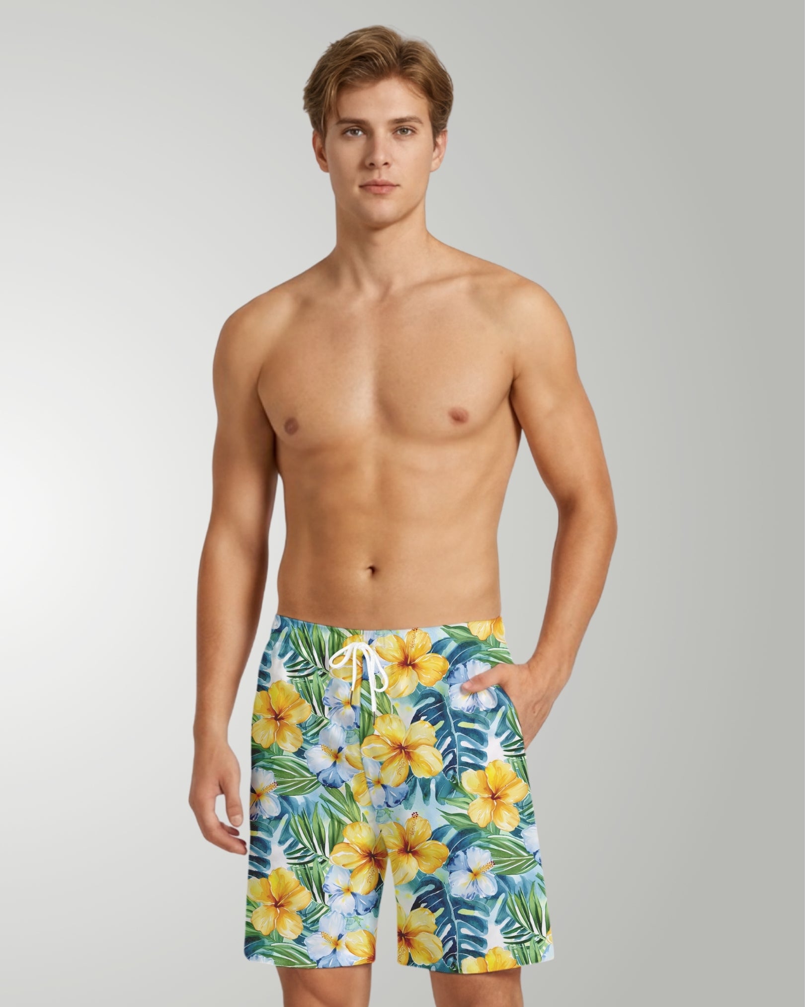 Mens Beach Shorts - Yellow Hibiscus