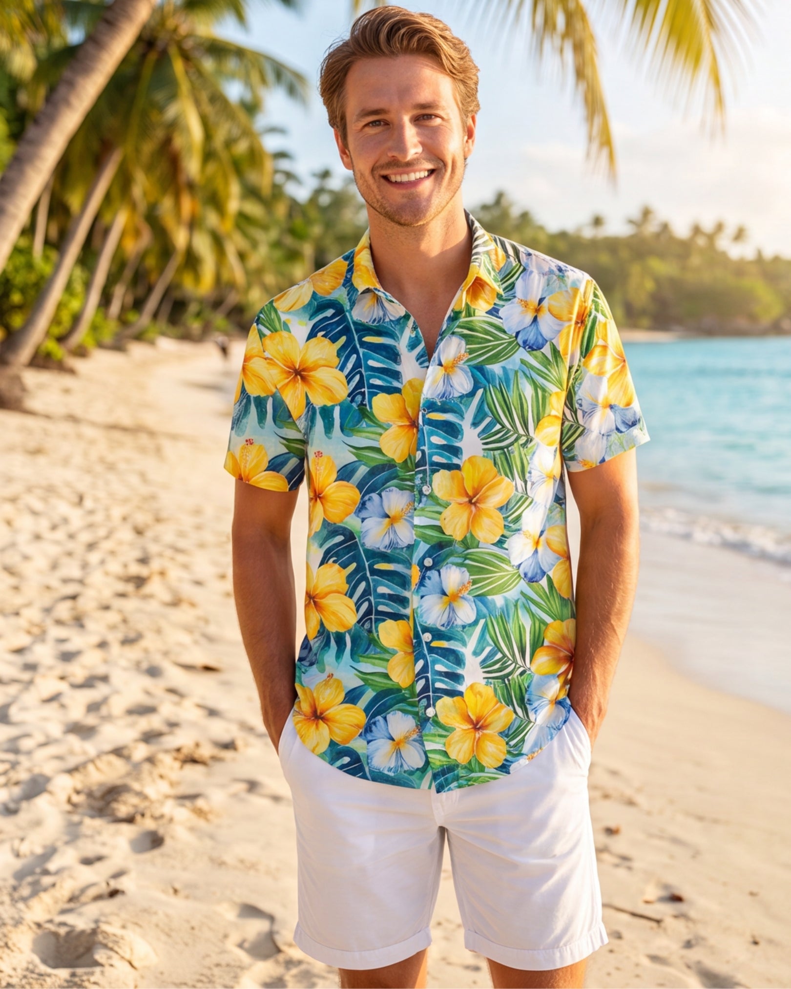Mens Hawaiian Shirt - Yellow Hibiscus