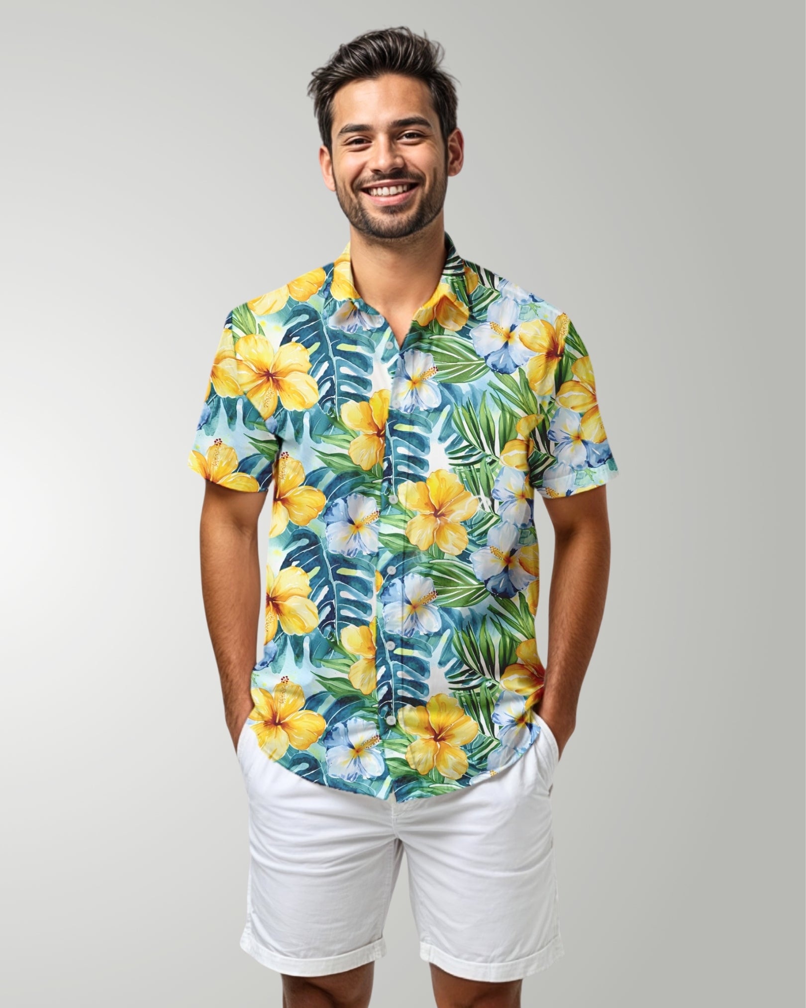 Mens Hawaiian Shirt - Yellow Hibiscus