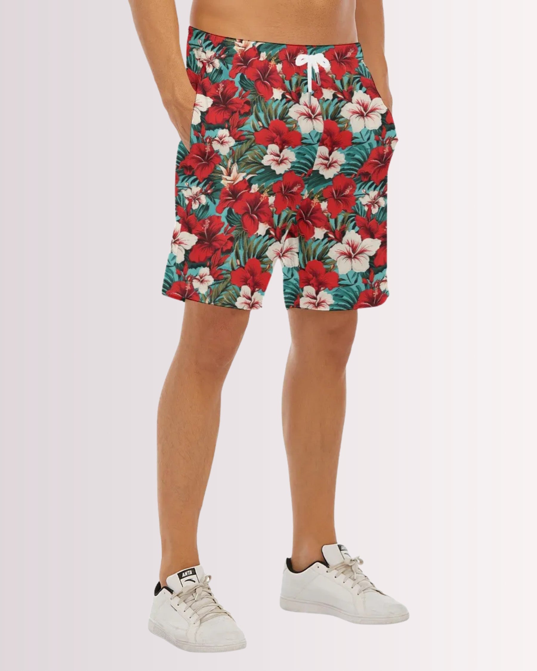 Mens Beach Shorts - Red Hawaiian II