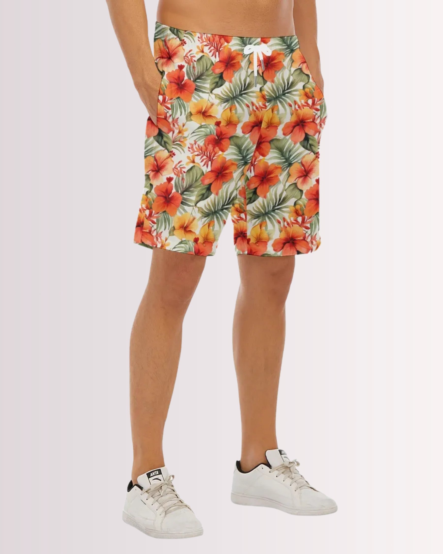 Mens Beach Shorts - Orange Hawaiian III