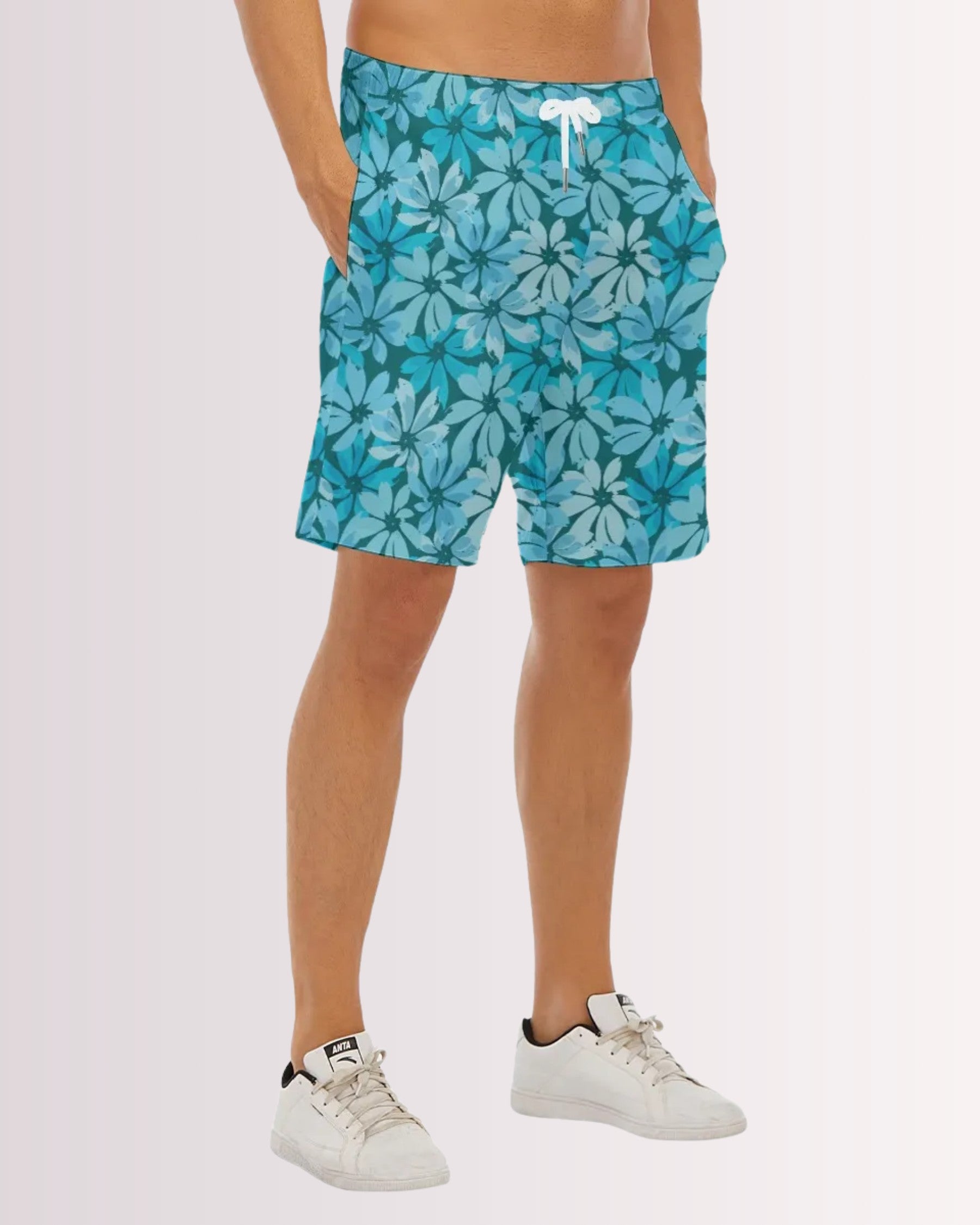 Mens Beach Shorts - Tropical Blue Floral I