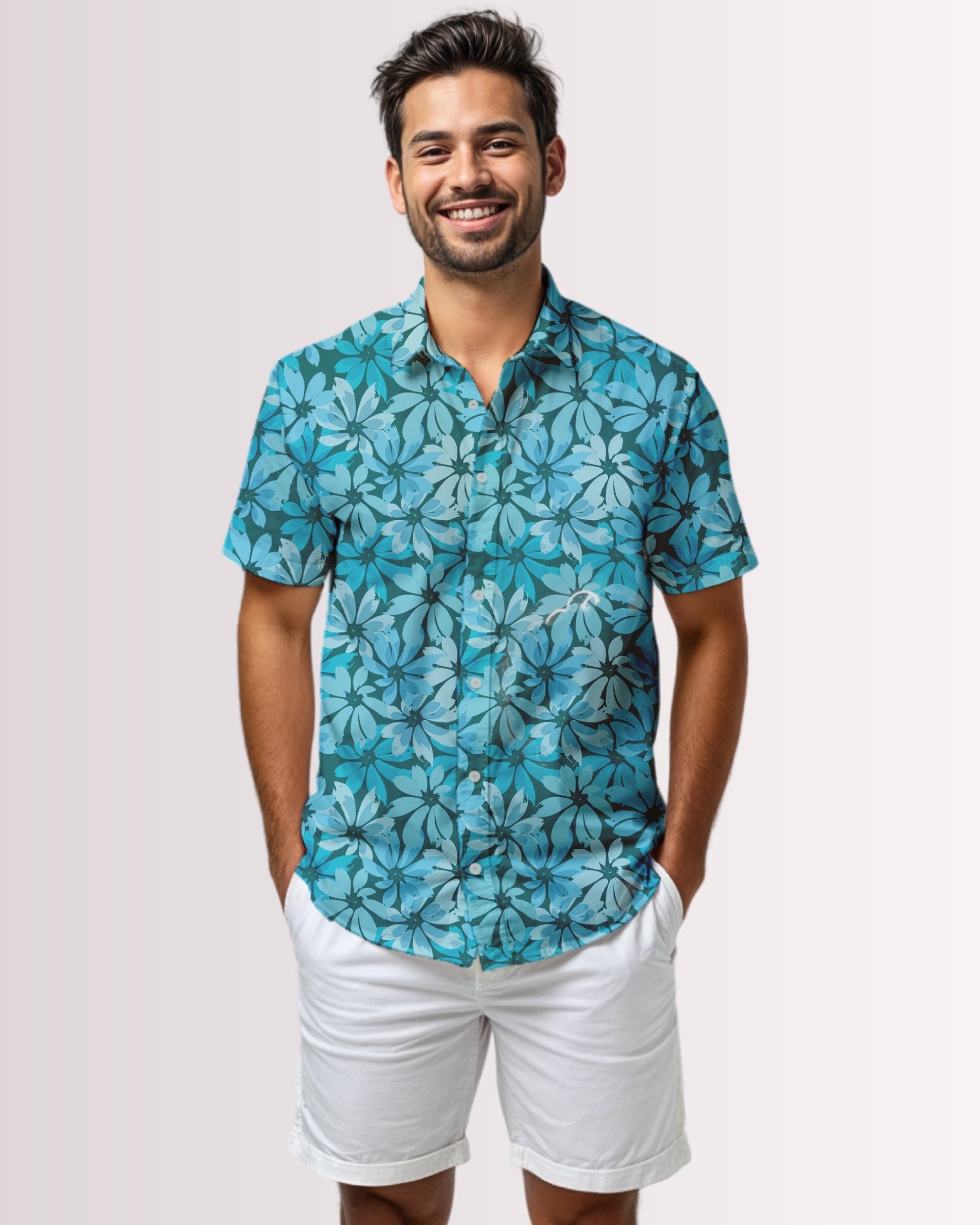 Mens Hawaiian Shirt - Tropical Blue Floral I
