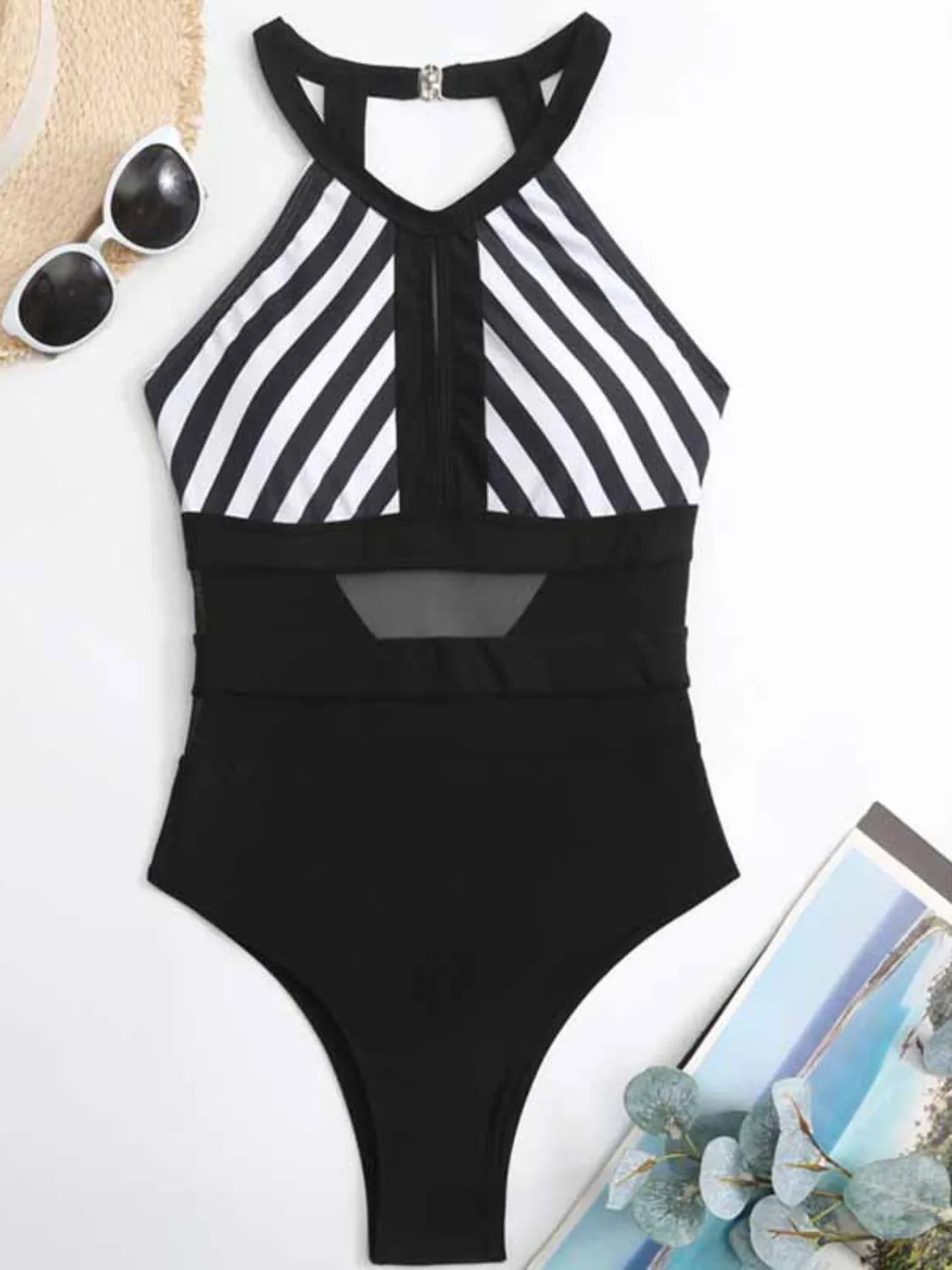 Mesh Detail Backless Striped One-Piece Swimsuit with Cutout.