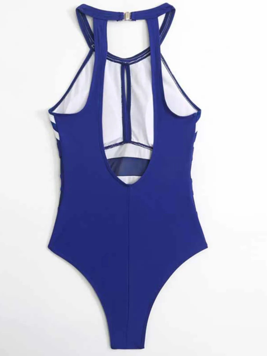 Mesh Detail Backless Striped One-Piece Swimsuit with Cutout.