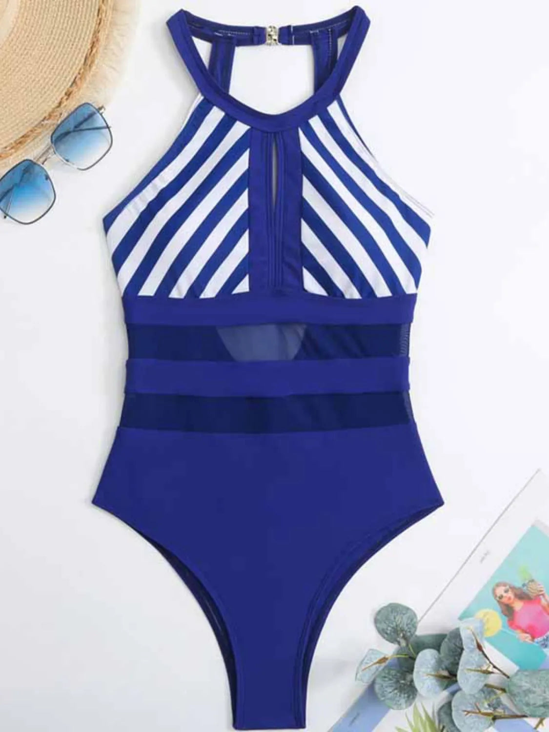 Mesh Detail Backless Striped One-Piece Swimsuit with Cutout.