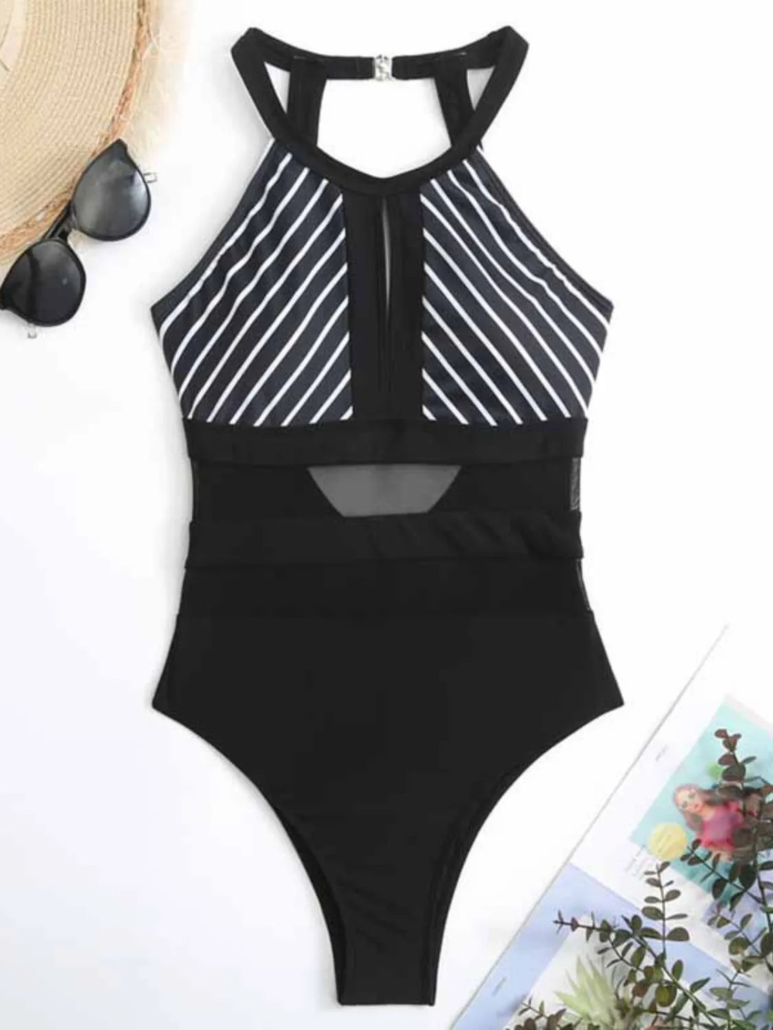 Mesh Detail Backless Striped One-Piece Swimsuit with Cutout.