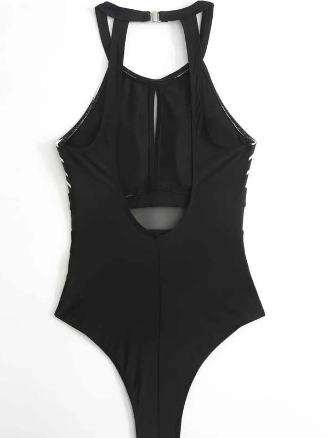 Mesh Detail Backless Striped One-Piece Swimsuit with Cutout.