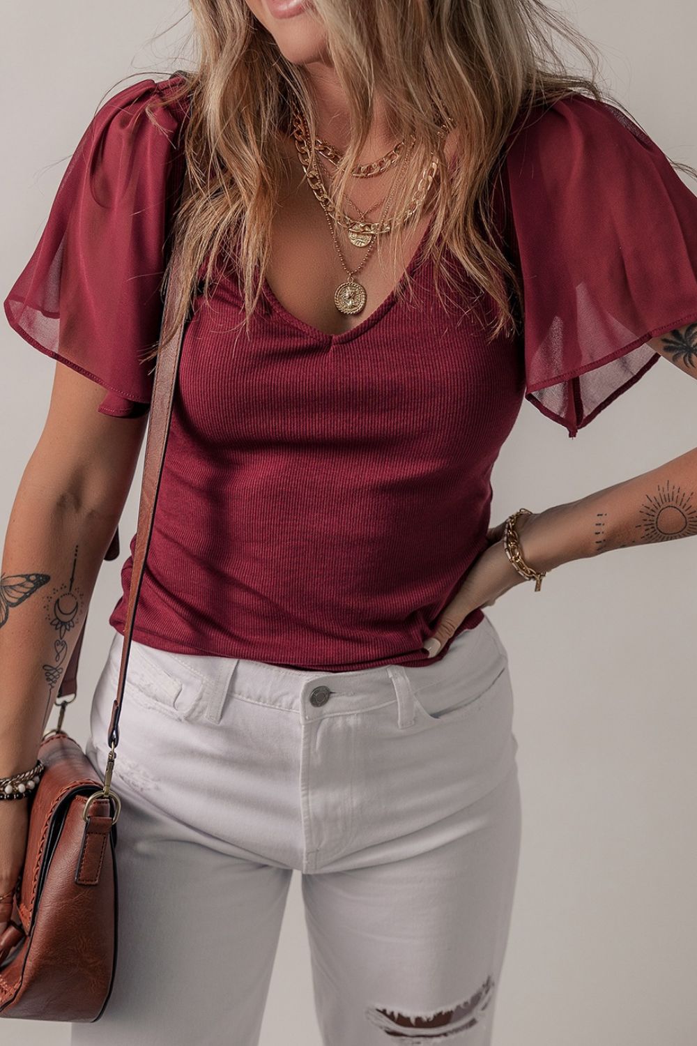 Mesh Short Sleeve Slim V-Neck Top.