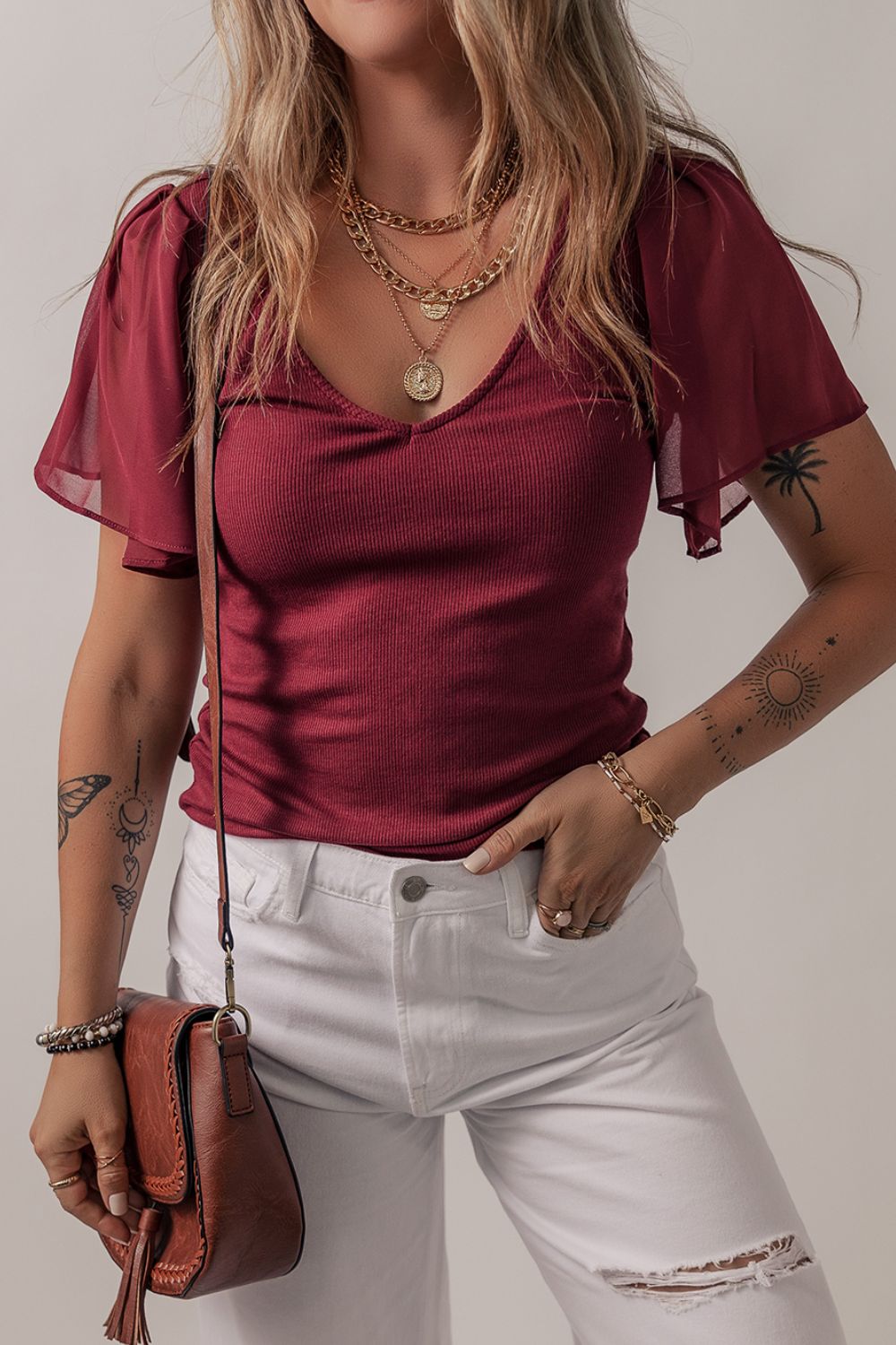 Mesh Short Sleeve Slim V-Neck Top.