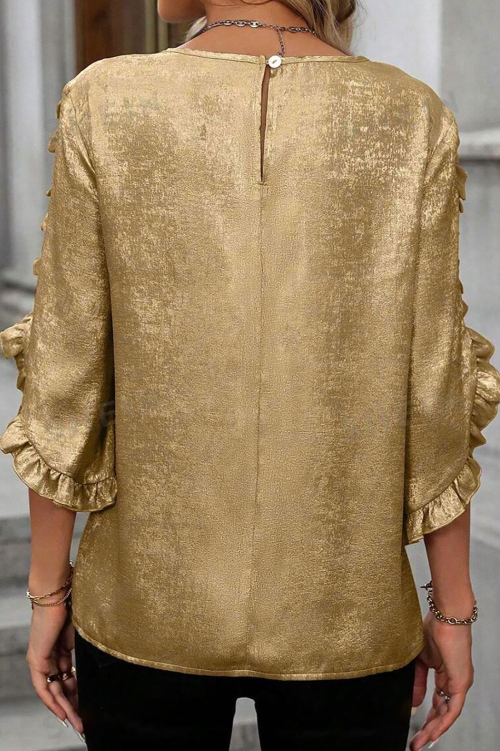 Metallic Luster Round Neck Frill 3/4 Sleeve Blouse.