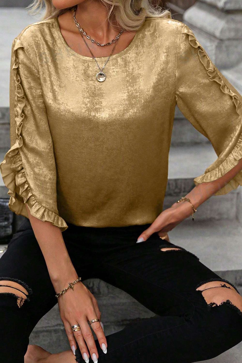Metallic Luster Round Neck Frill 3/4 Sleeve Blouse.