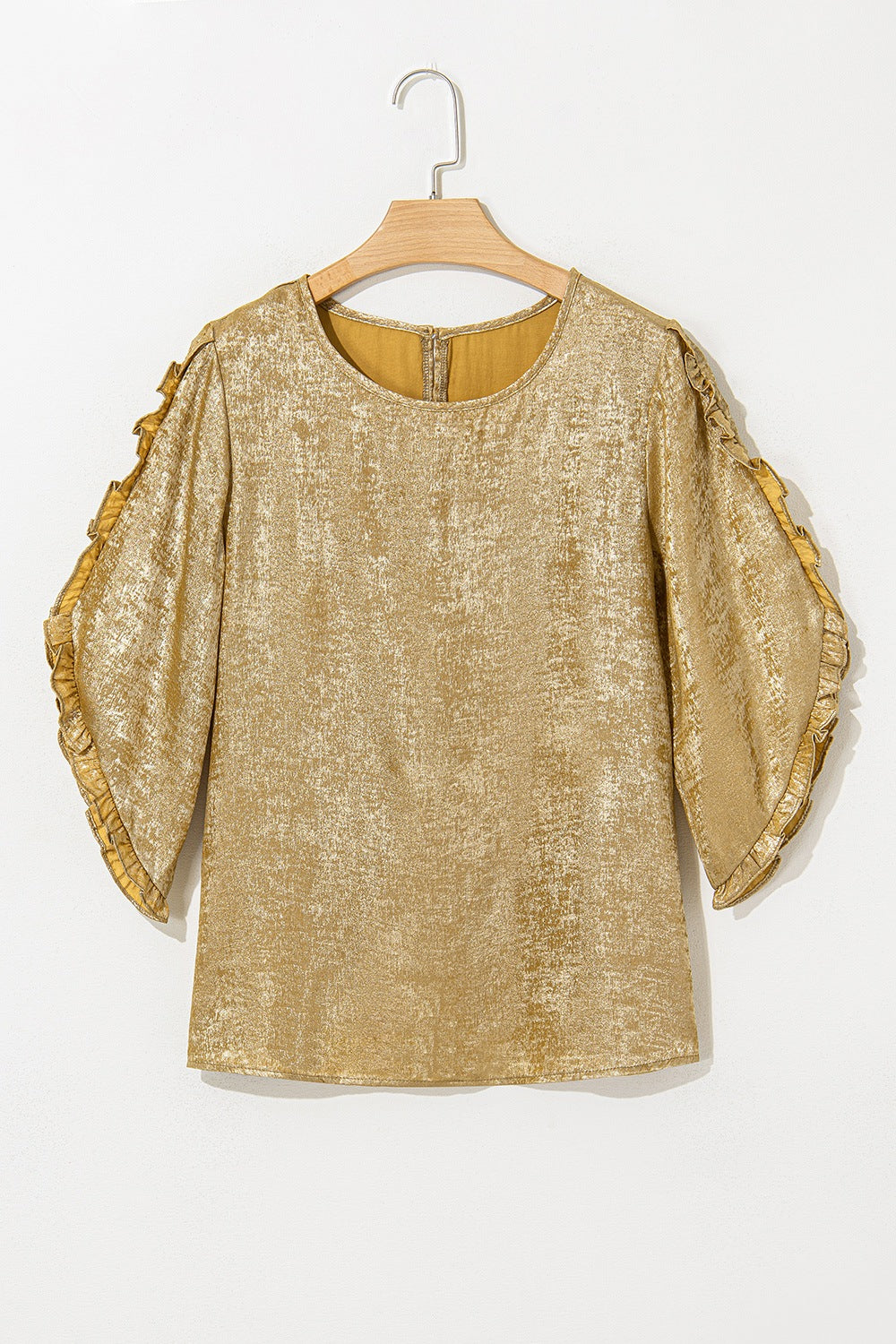 Metallic Luster Round Neck Frill 3/4 Sleeve Blouse.