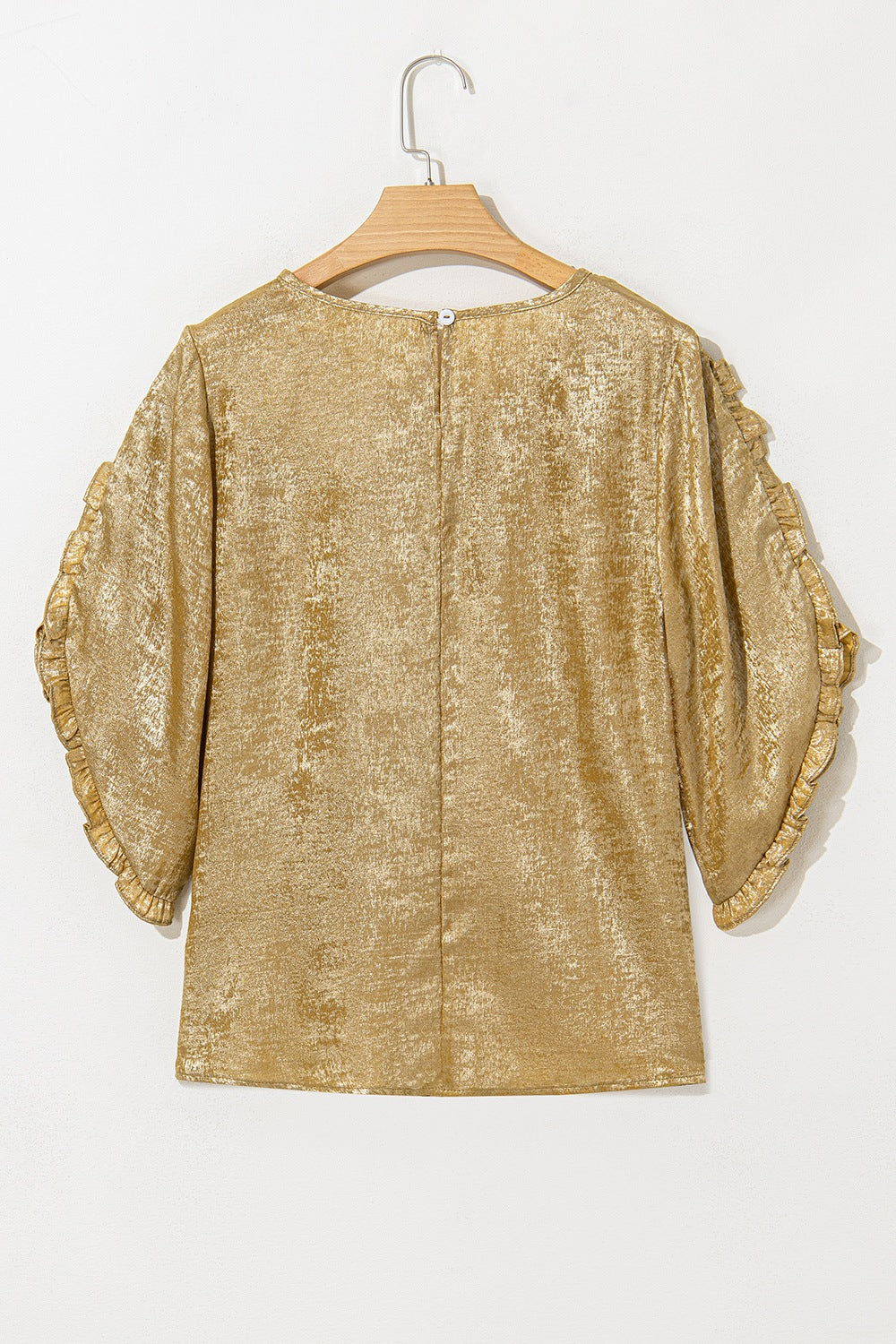 Metallic Luster Round Neck Frill 3/4 Sleeve Blouse.