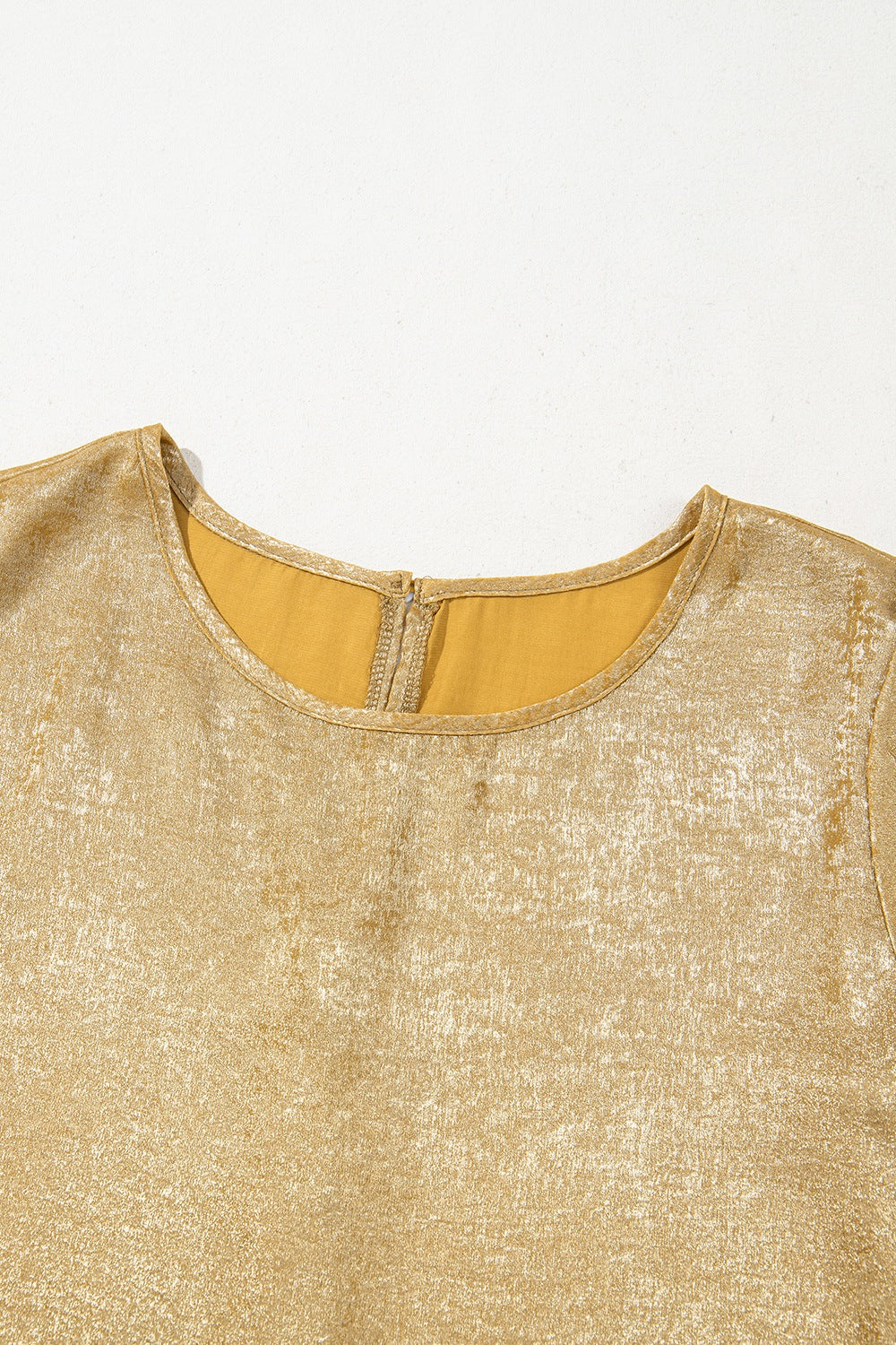 Metallic Luster Round Neck Frill 3/4 Sleeve Blouse.