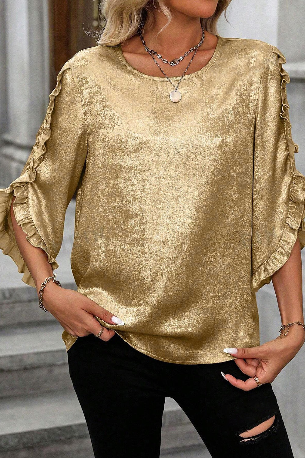 Metallic Luster Round Neck Frill 3/4 Sleeve Blouse.