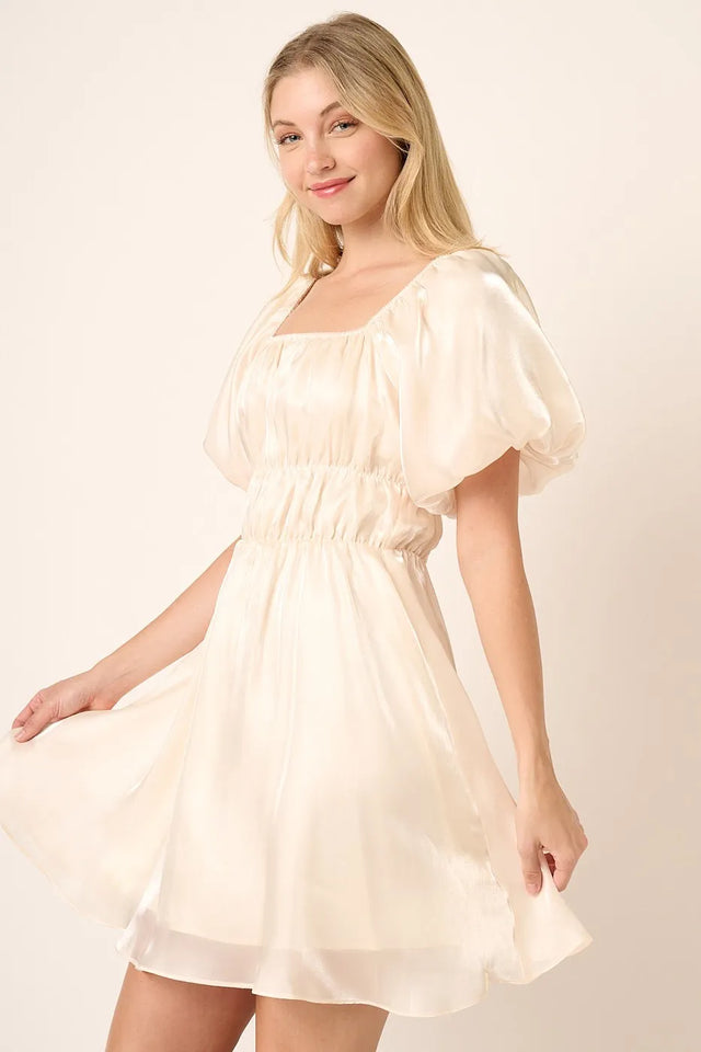 Mittoshop Metallic Organza Fabric Balloon Sleeve Mini Dress.