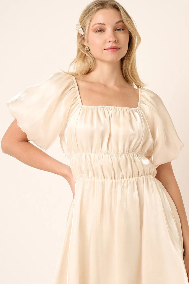 Mittoshop Metallic Organza Fabric Balloon Sleeve Mini Dress.