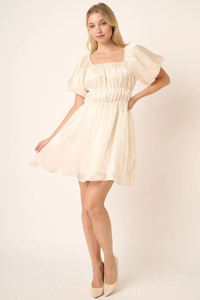 Mittoshop Metallic Organza Fabric Balloon Sleeve Mini Dress.