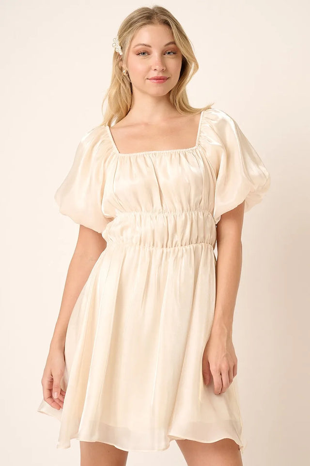 Mittoshop Metallic Organza Fabric Balloon Sleeve Mini Dress.