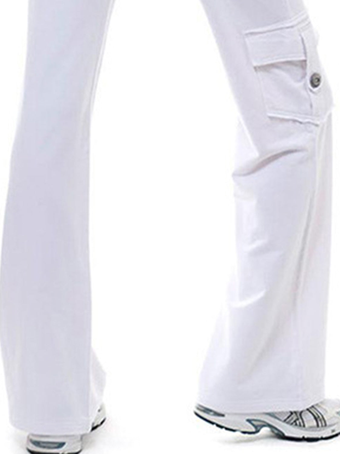 Mid waist pants with drawstring, buttons, and pockets, opaque.