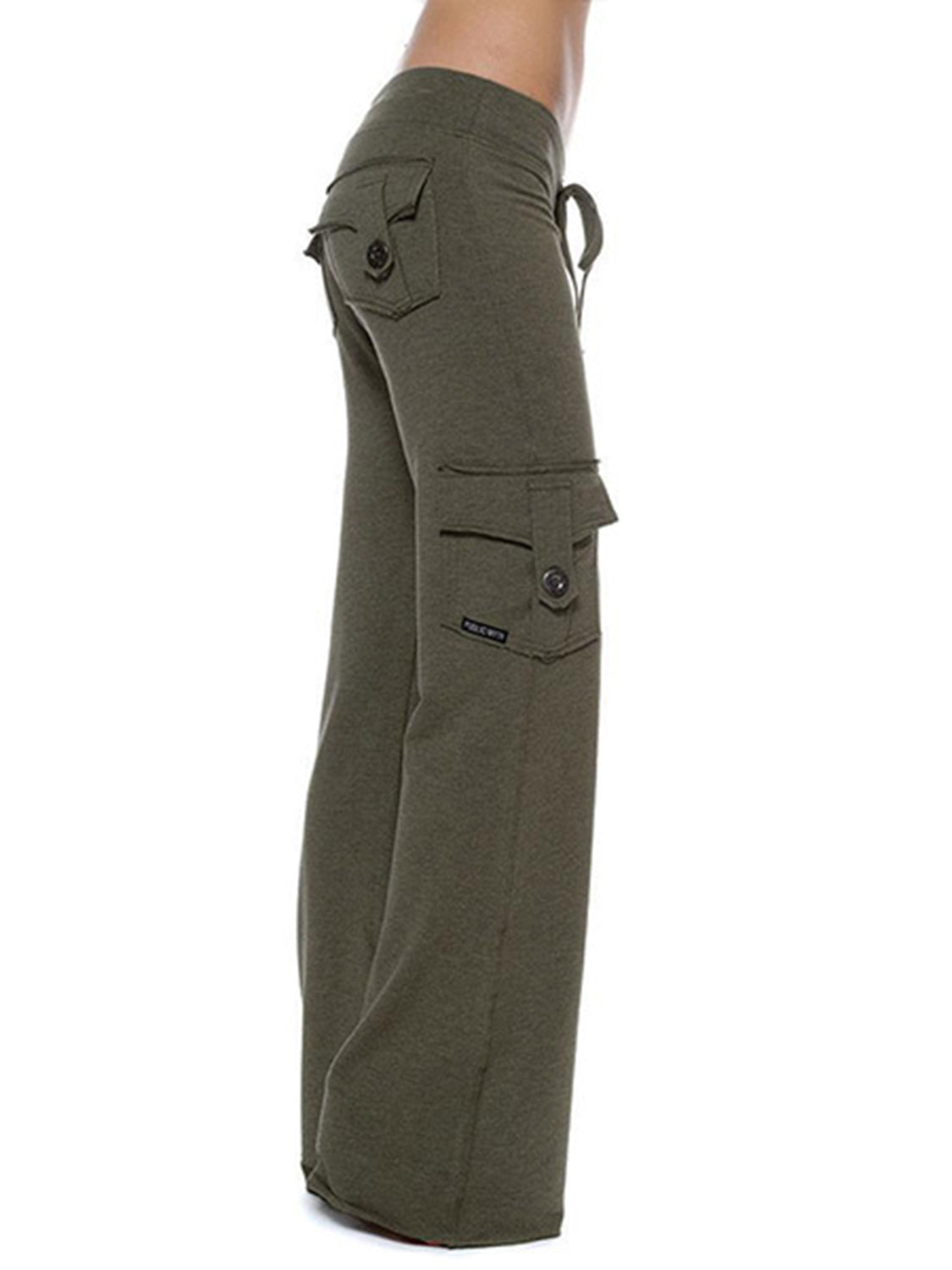 Mid waist pants with drawstring, buttons, and pockets, opaque.
