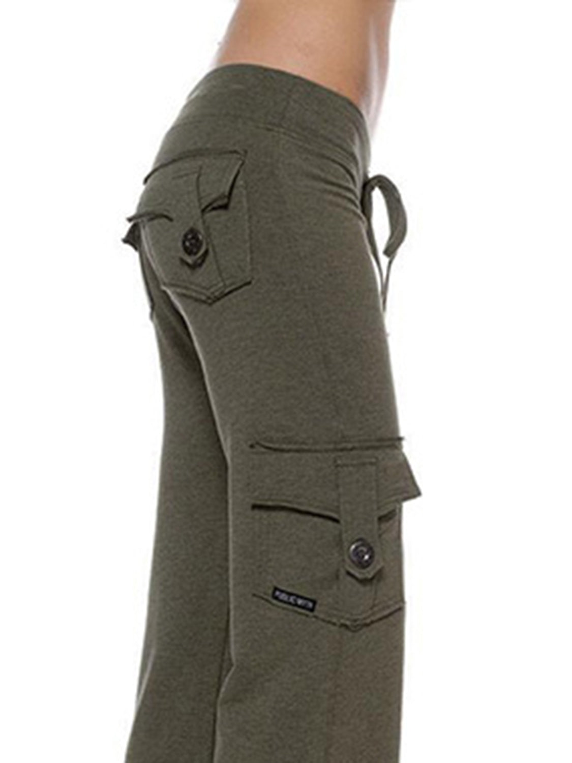 Mid waist pants with drawstring, buttons, and pockets, opaque.