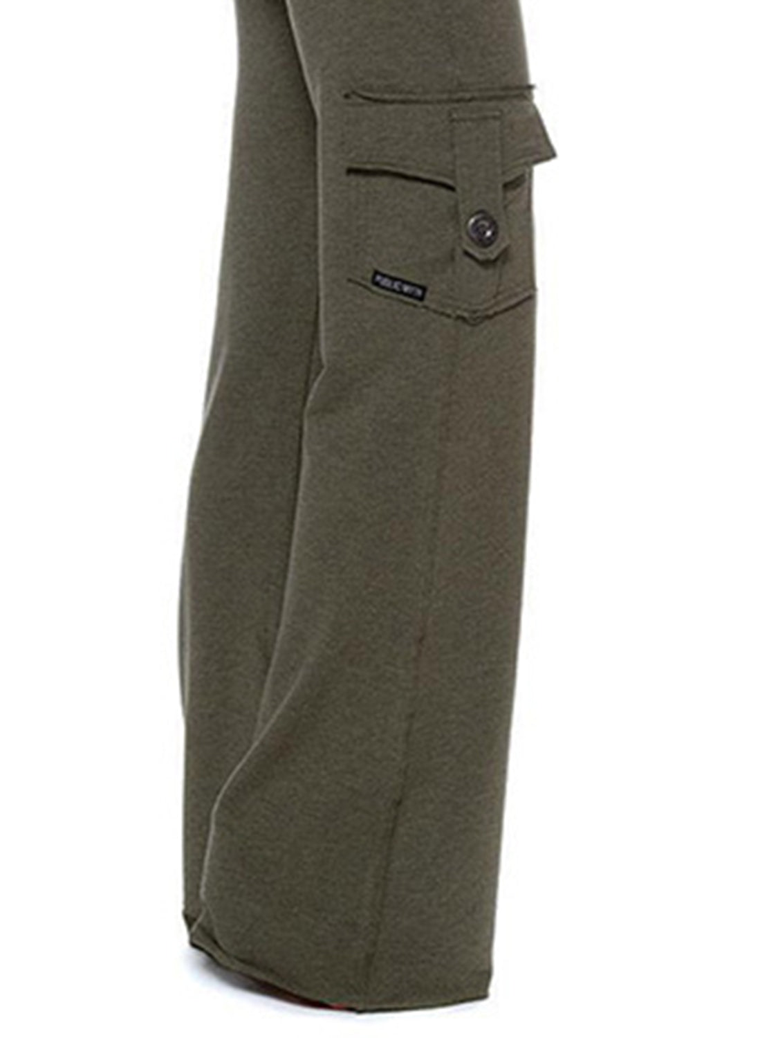 Mid waist pants with drawstring, buttons, and pockets, opaque.