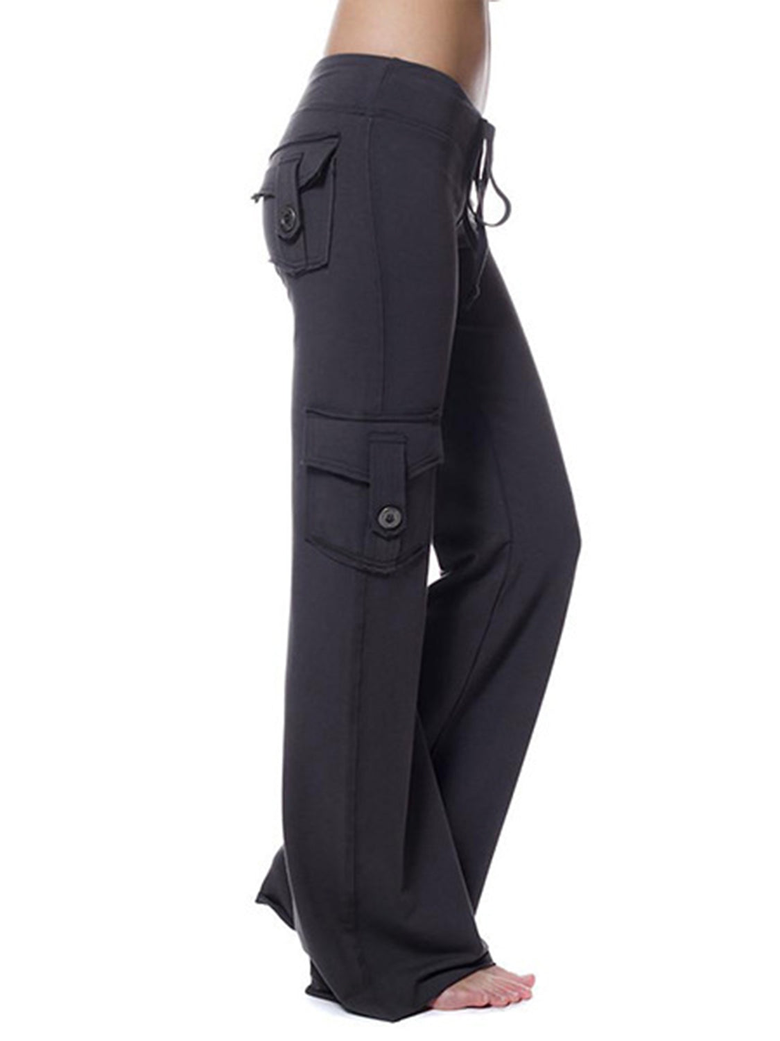 Mid waist pants with drawstring, buttons, and pockets, opaque.