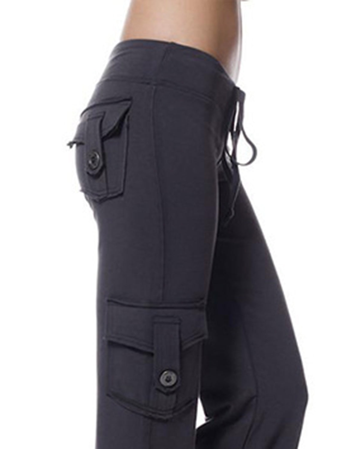 Mid waist pants with drawstring, buttons, and pockets, opaque.