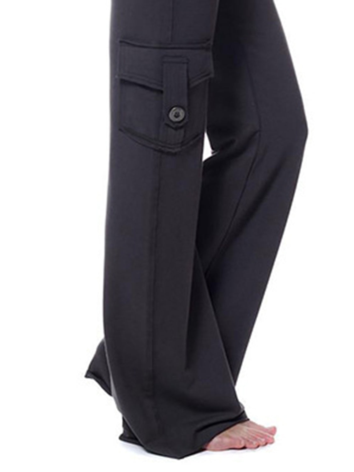 Mid waist pants with drawstring, buttons, and pockets, opaque.