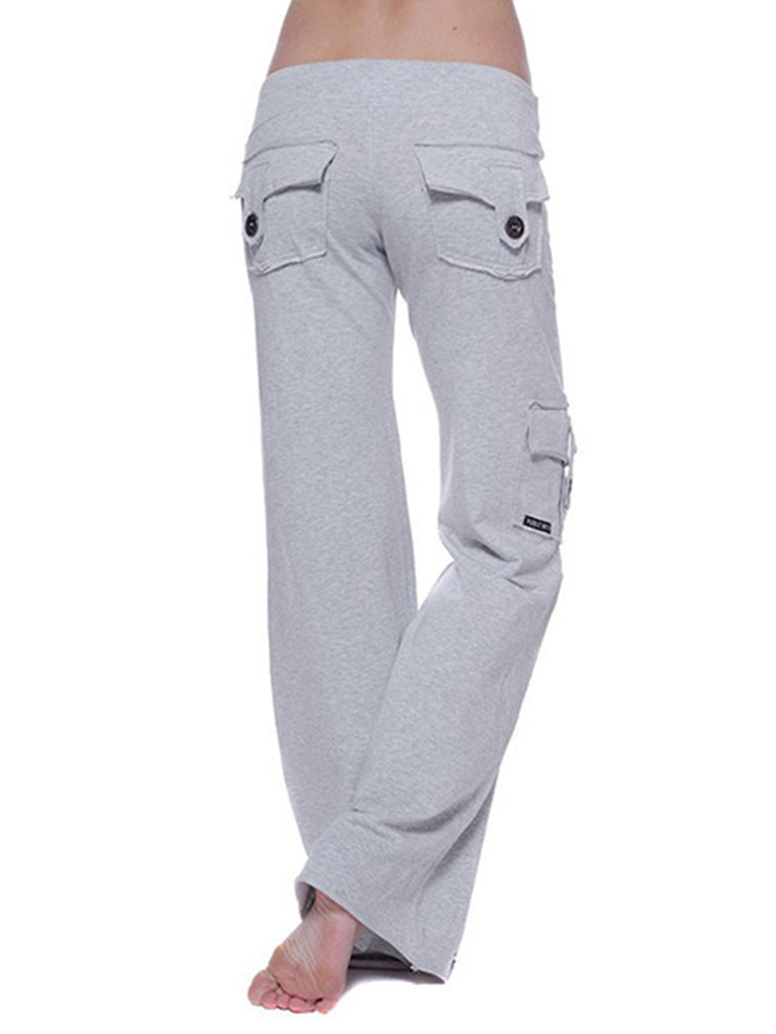 Mid waist pants with drawstring, buttons, and pockets, opaque.