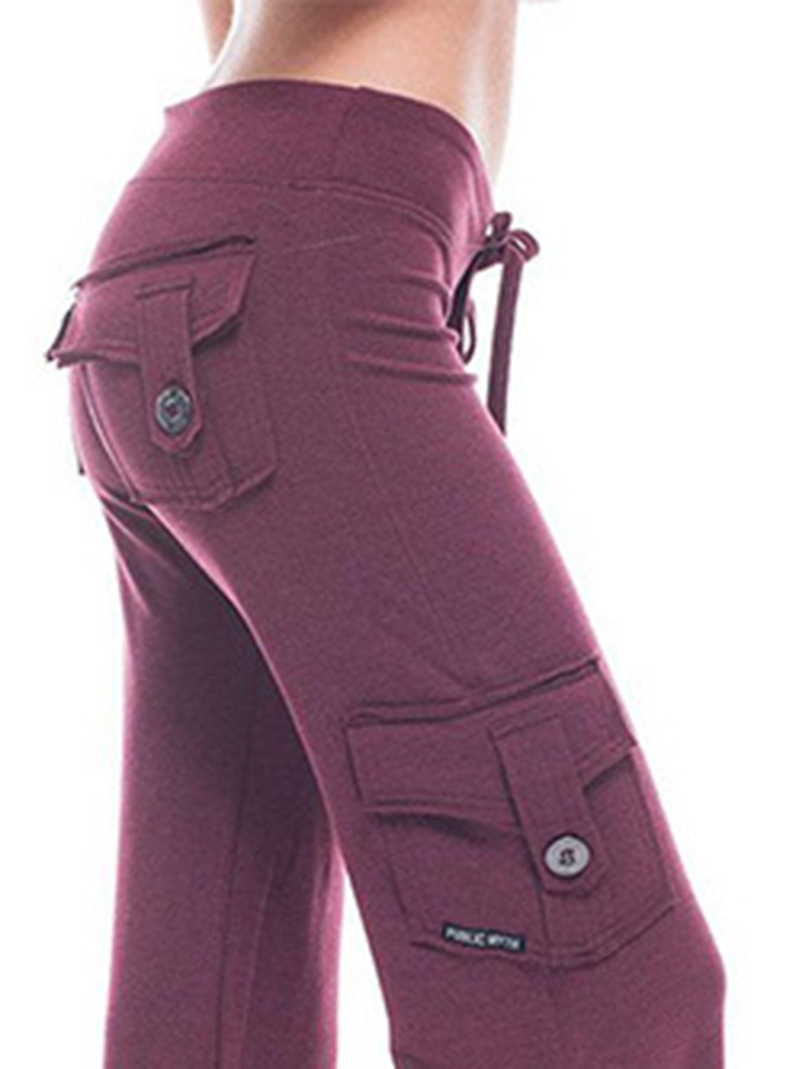 Mid waist pants with drawstring, buttons, and pockets, opaque.