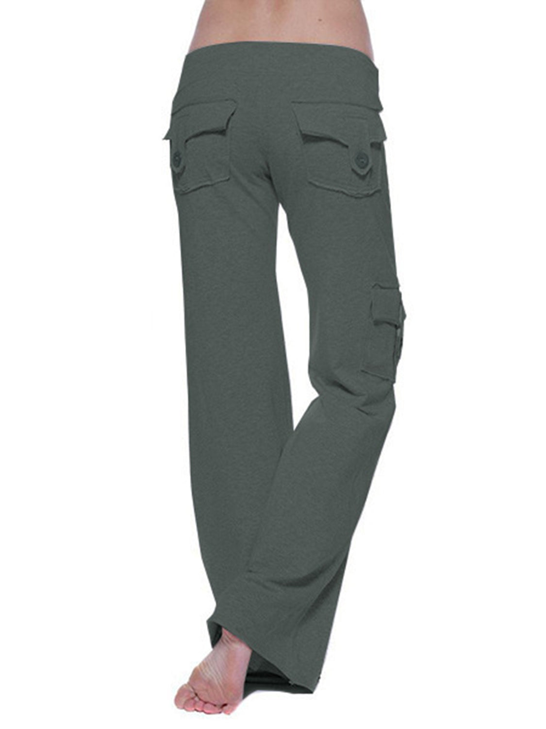 Mid waist pants with drawstring, buttons, and pockets, opaque.