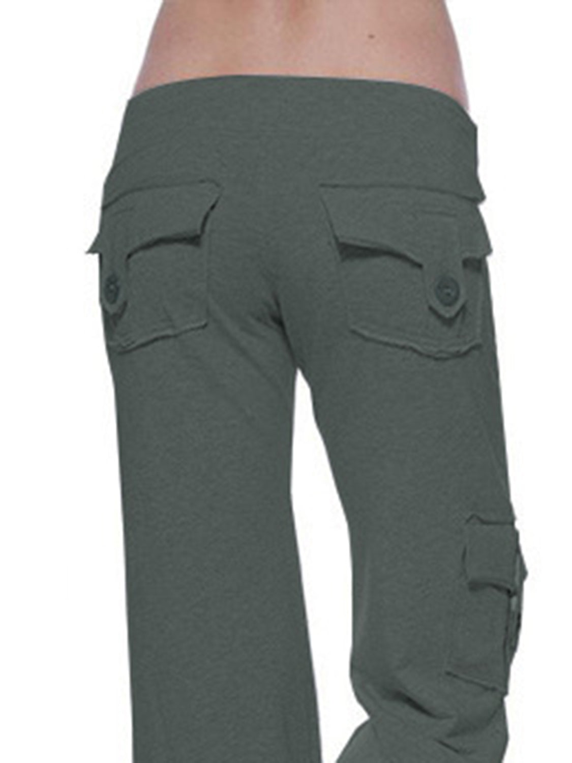 Mid waist pants with drawstring, buttons, and pockets, opaque.