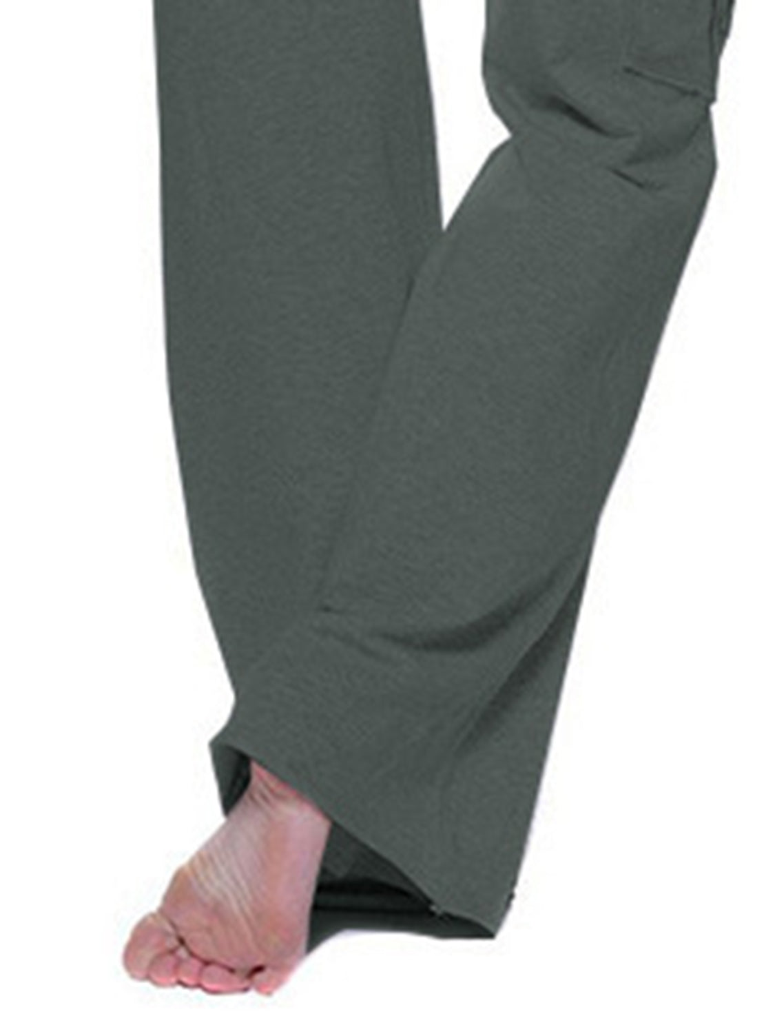 Mid waist pants with drawstring, buttons, and pockets, opaque.
