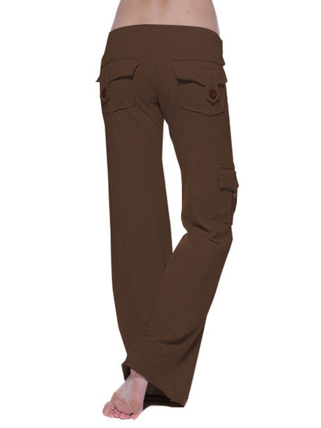 Mid waist pants with drawstring, buttons, and pockets, opaque.